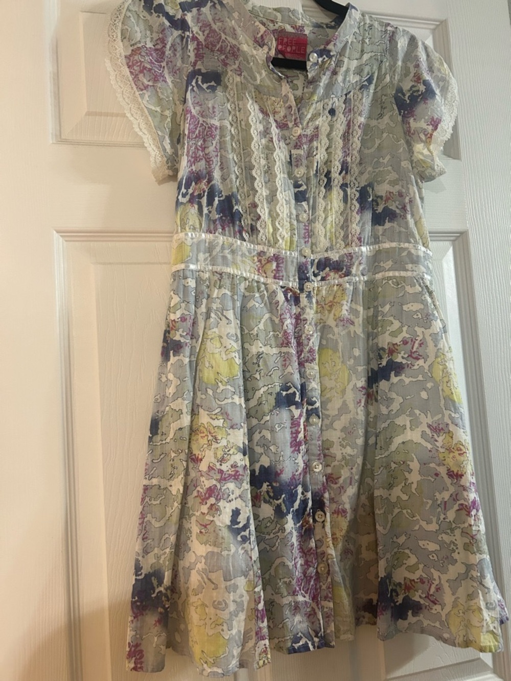 Free People Light Floral Lace-Trim Button Dress - Blue, Yellow, Purple